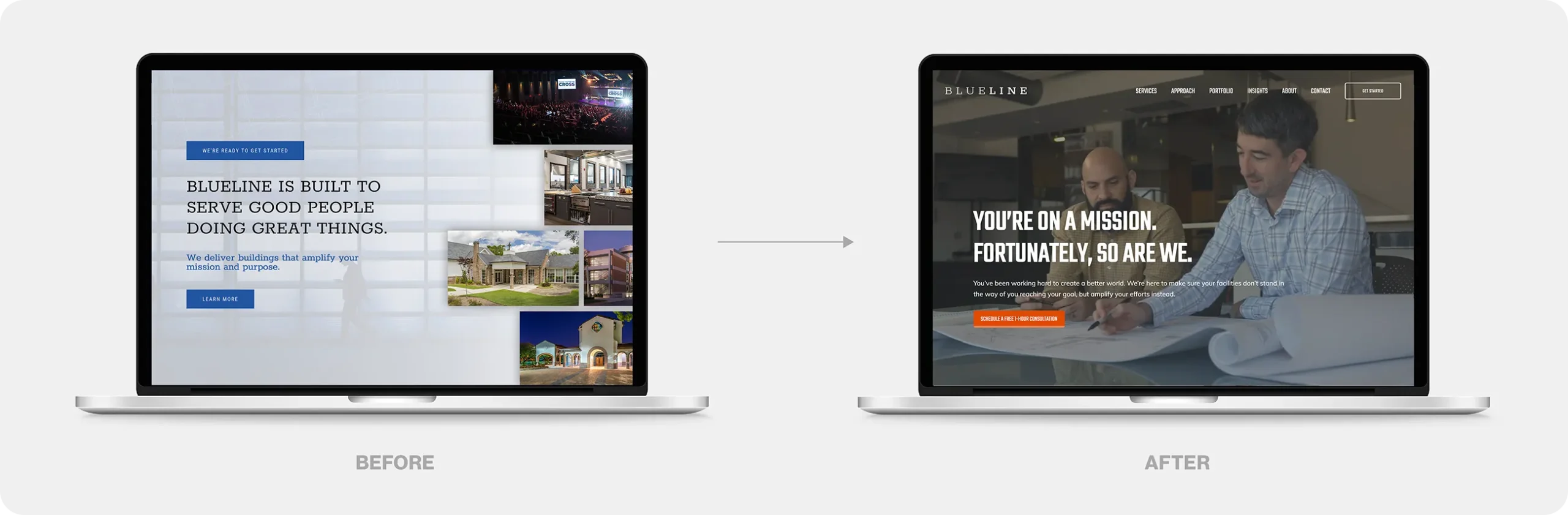 Before and after of the Blueline website